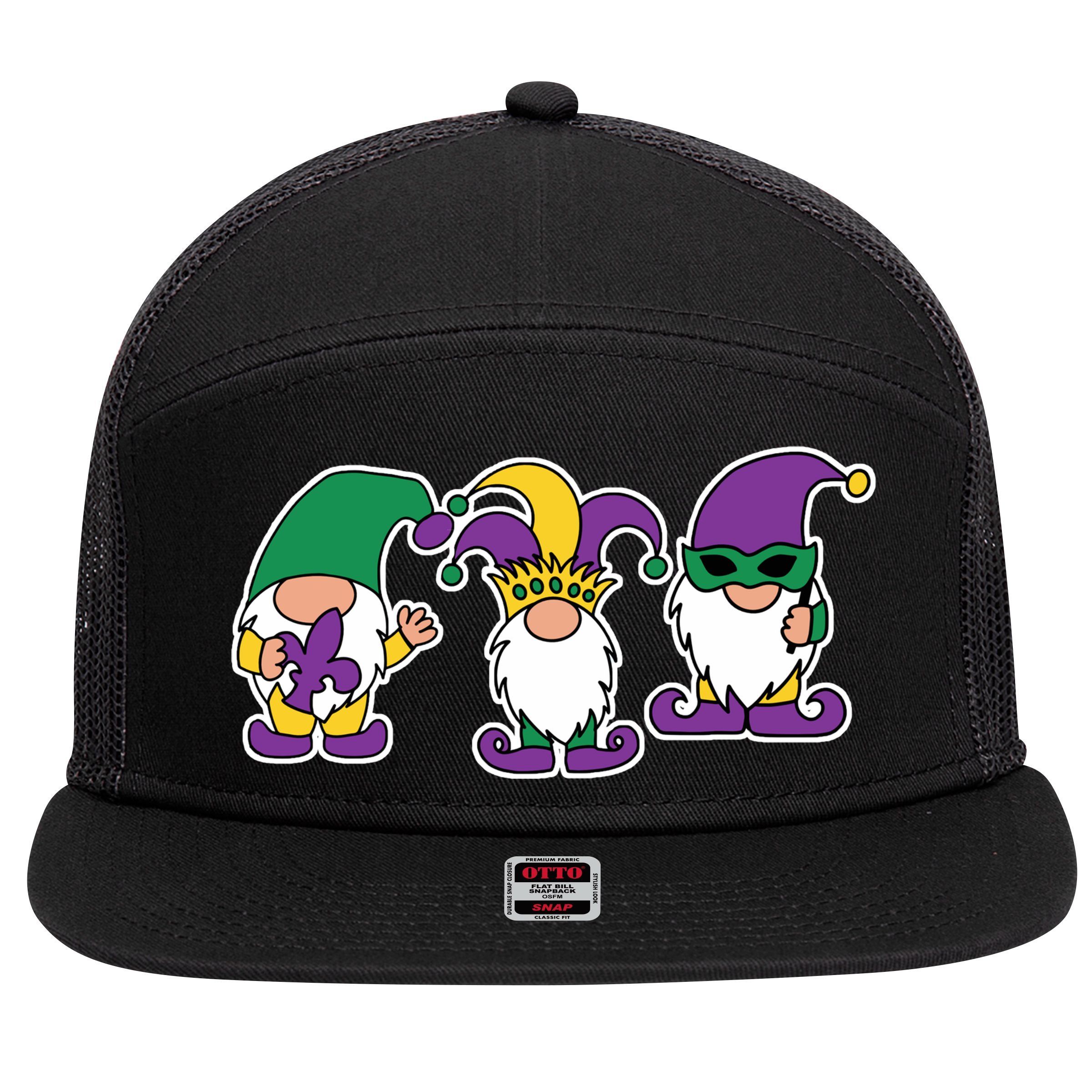 Mardi Gras Gnomes Party 7 Panel Mesh Trucker Snapback Hat