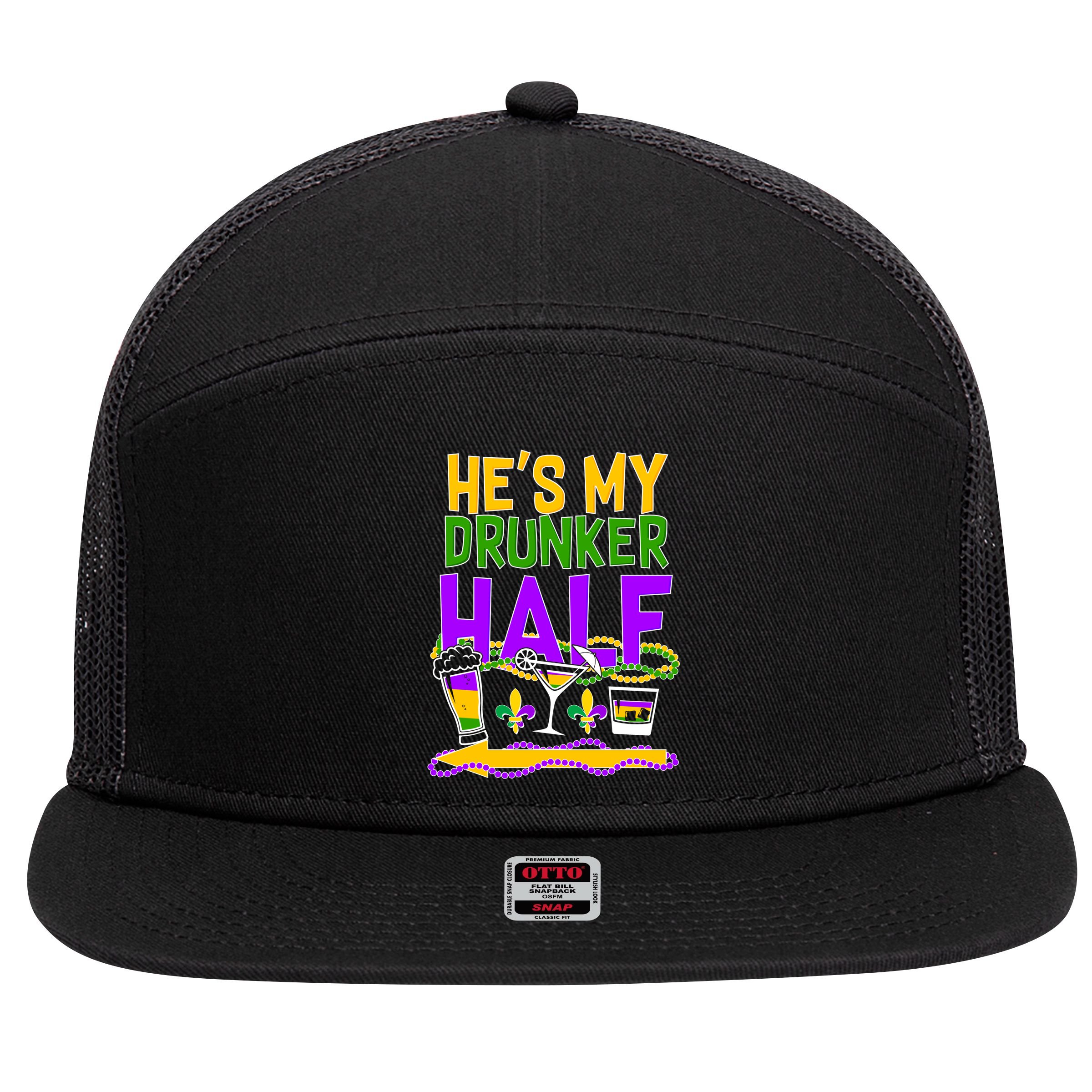 Mardi Gras He's My Drunker Half 7 Panel Mesh Trucker Snapback Hat
