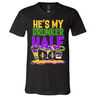 Mardi Gras He's My Drunker Half V-Neck T-Shirt