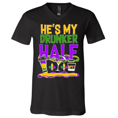 Mardi Gras He's My Drunker Half V-Neck T-Shirt