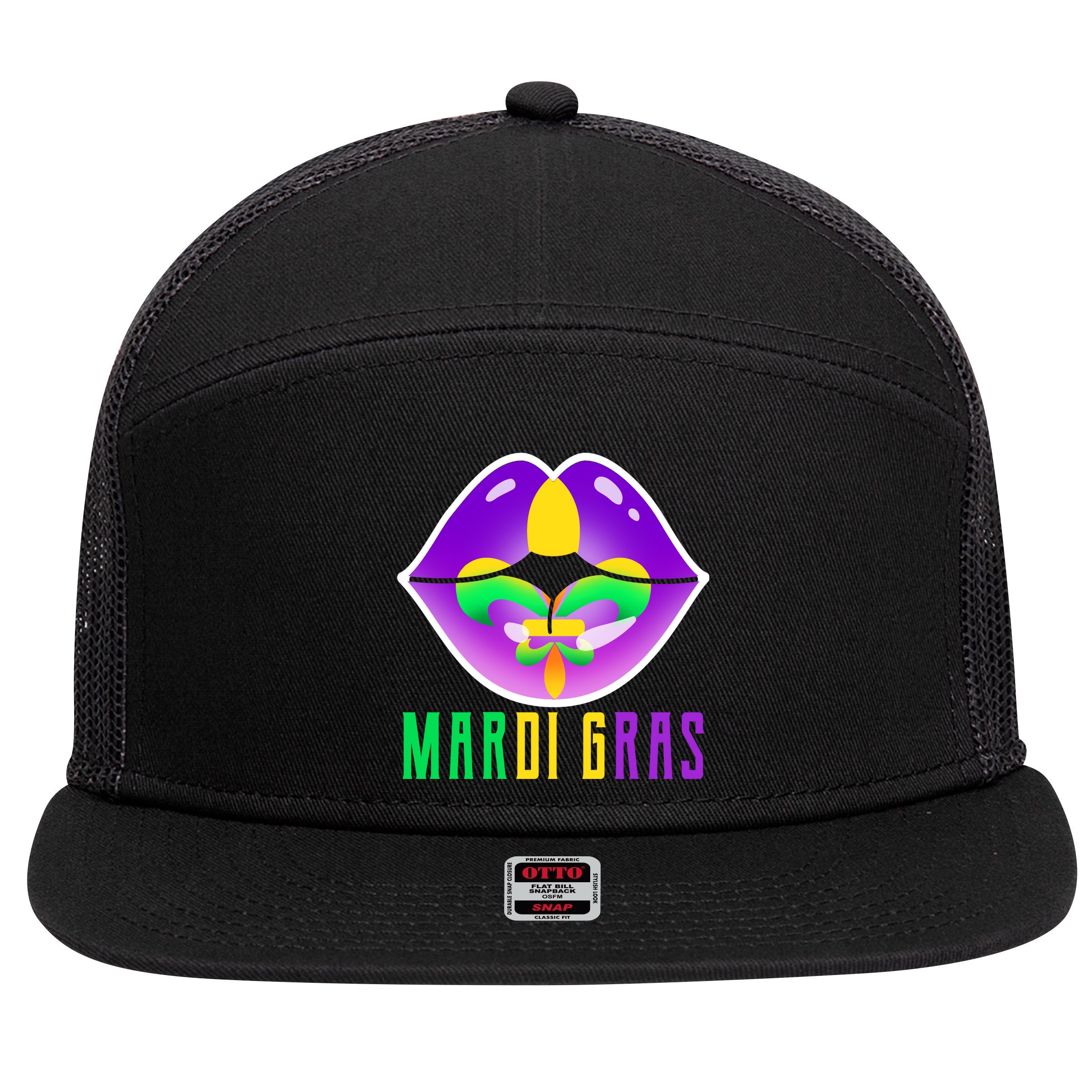Mardi Gras Party Lips 7 Panel Mesh Trucker Snapback Hat