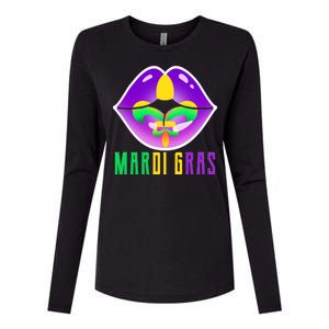 Mardi Gras Party Lips Womens Cotton Relaxed Long Sleeve T-Shirt