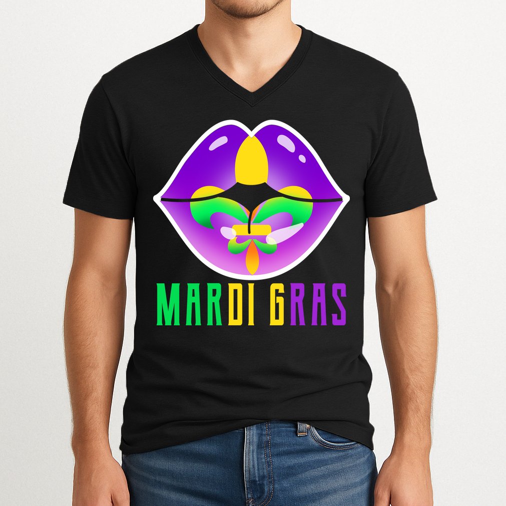 Mardi Gras Party Lips V-Neck T-Shirt