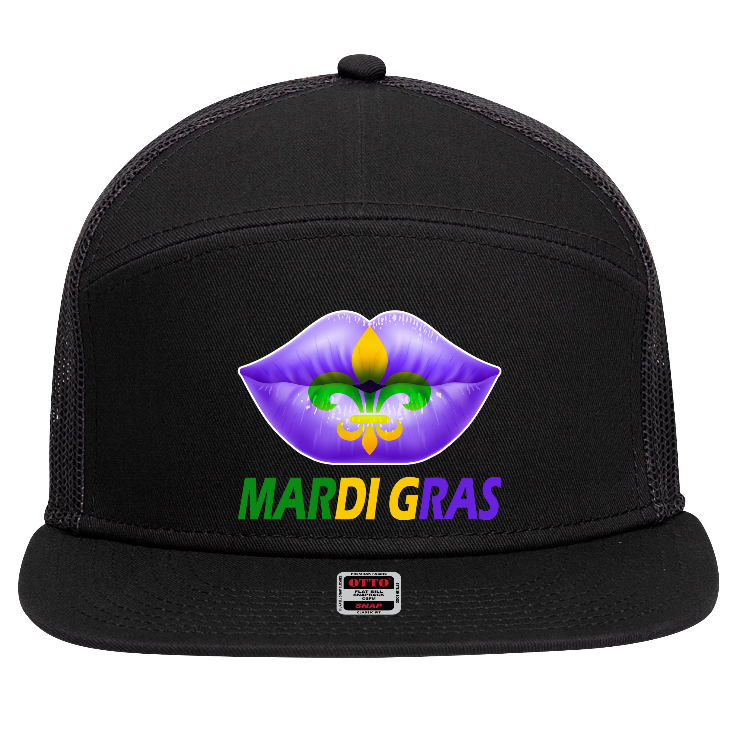 Mardi Gras Party Lips Fleur De Lis 7 Panel Mesh Trucker Snapback Hat