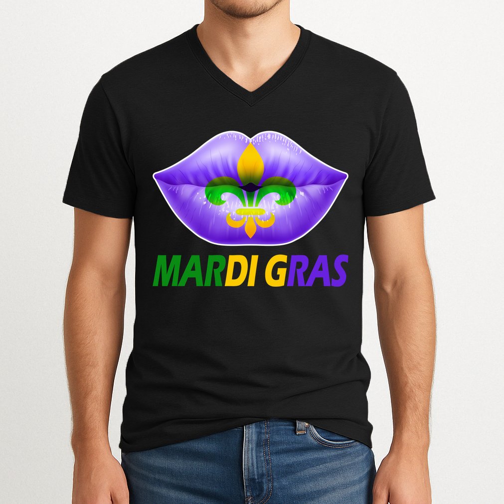 Mardi Gras Party Lips Fleur De Lis V-Neck T-Shirt