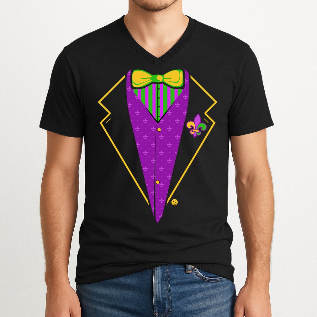 Mardi Gras Party Tux V-Neck T-Shirt