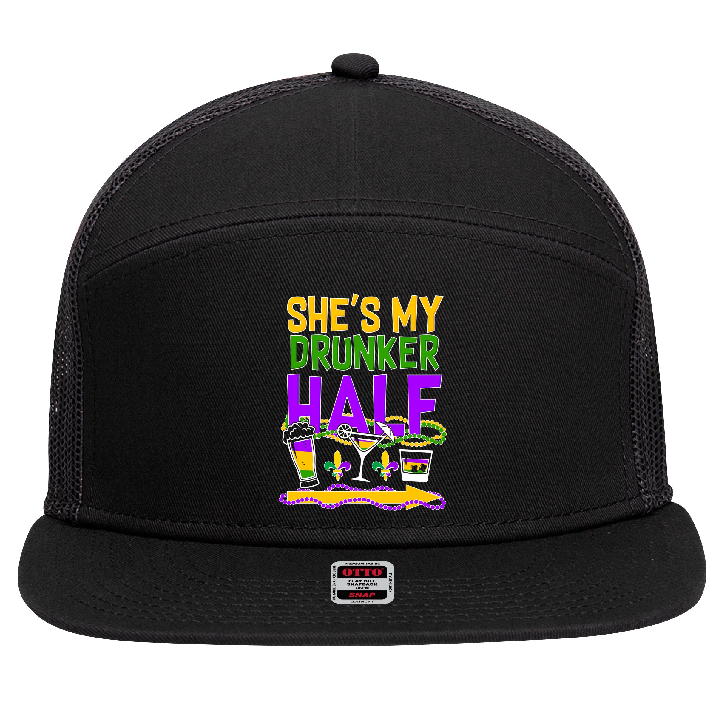 Mardi Gras She's My Drunker Half 7 Panel Mesh Trucker Snapback Hat