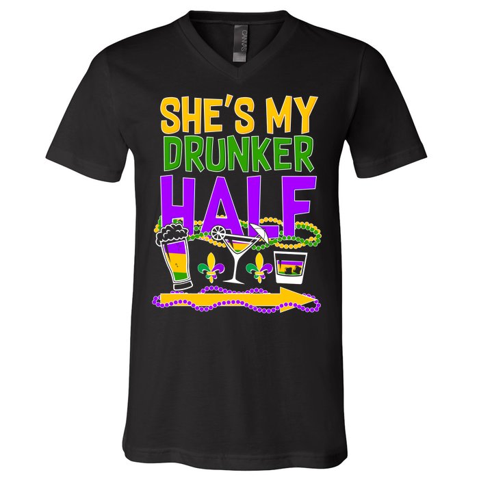 Mardi Gras She's My Drunker Half V-Neck T-Shirt