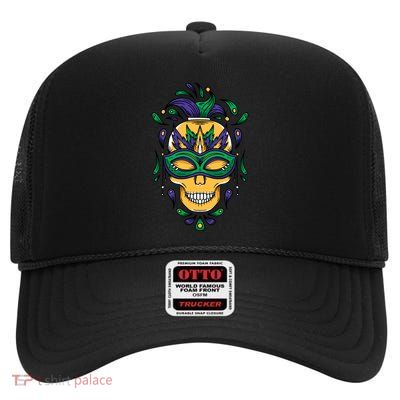 Mardi Gras Skull Mask  High Crown Mesh Back Trucker Hat
