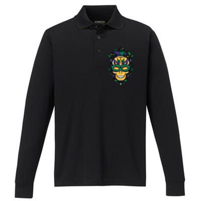 Mardi Gras Skull Mask  Performance Long Sleeve Polo