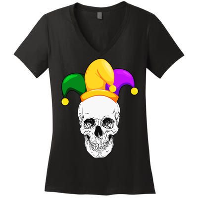 Mardi Gras Skull Parade Jester Women's V-Neck T-Shirt