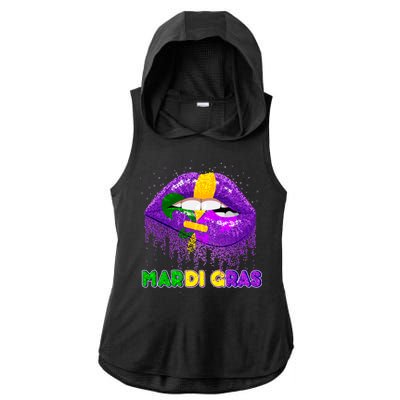 Mardi Gras Sparkle Lips Ladies PosiCharge Tri-Blend Wicking Draft Hoodie Tank