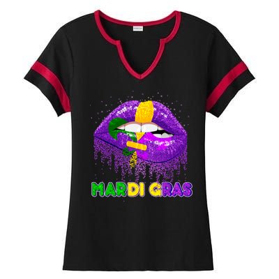 Mardi Gras Sparkle Lips Ladies Halftime Notch Neck Tee