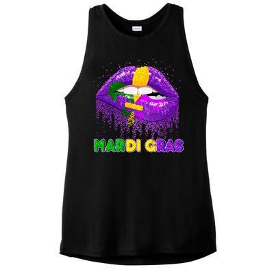 Mardi Gras Sparkle Lips Ladies PosiCharge Tri-Blend Wicking Tank