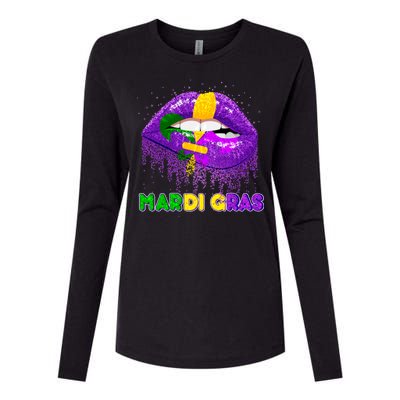 Mardi Gras Sparkle Lips Womens Cotton Relaxed Long Sleeve T-Shirt