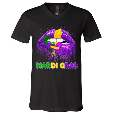 Mardi Gras Sparkle Lips V-Neck T-Shirt