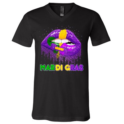 Mardi Gras Sparkle Lips V-Neck T-Shirt