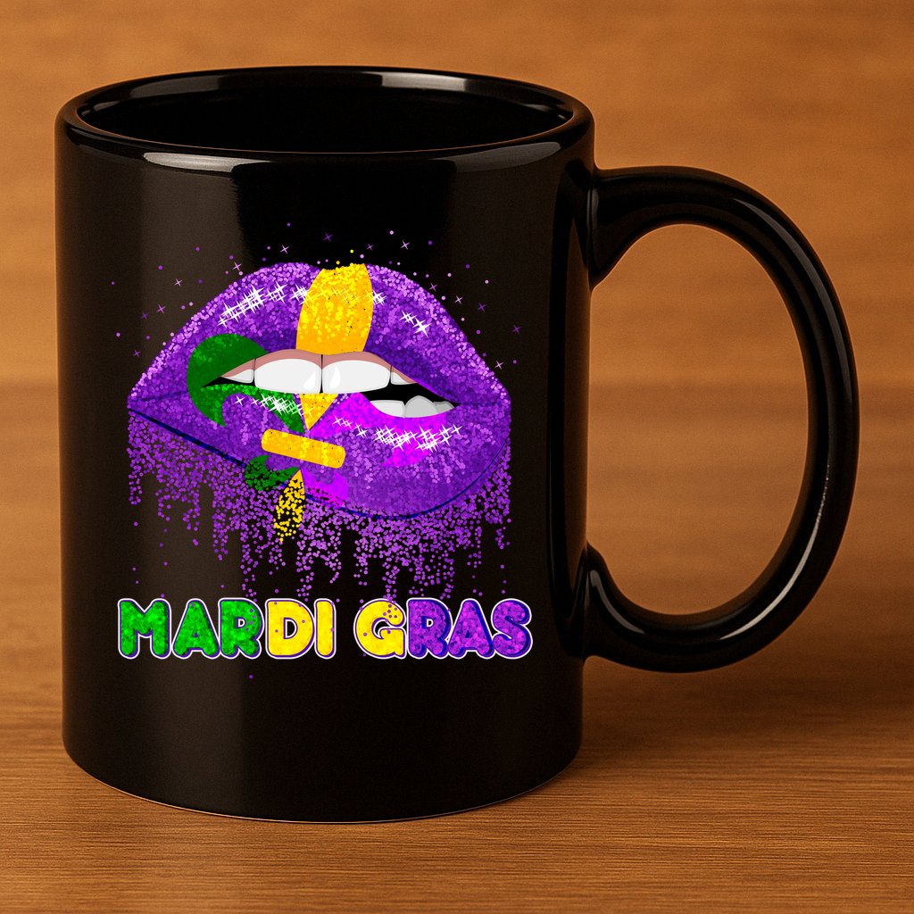 Mardi Gras Sparkle Lips 11oz C Handle Ceramic Mug