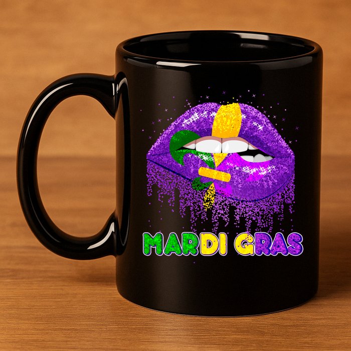 Mardi Gras Sparkle Lips 11oz C Handle Ceramic Mug