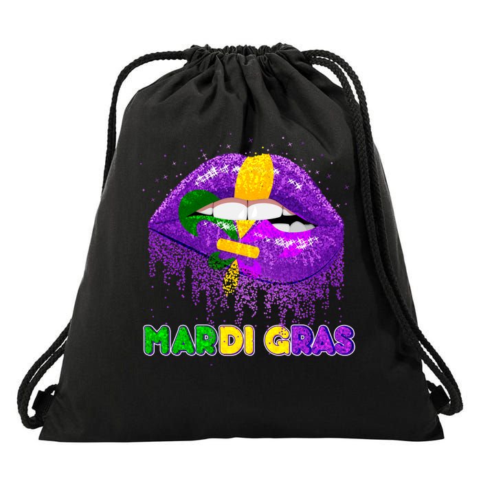 Mardi Gras Sparkle Lips Drawstring Bag