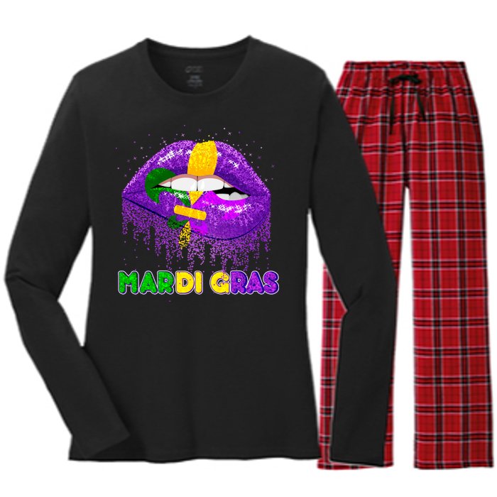 Mardi Gras Sparkle Lips Women's Long Sleeve Flannel Pajama Set 