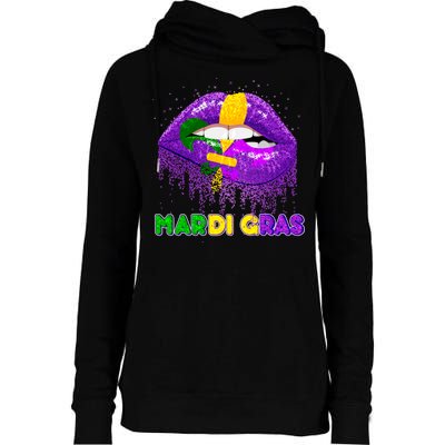 Mardi Gras Sparkle Lips Womens Funnel Neck Pullover Hood