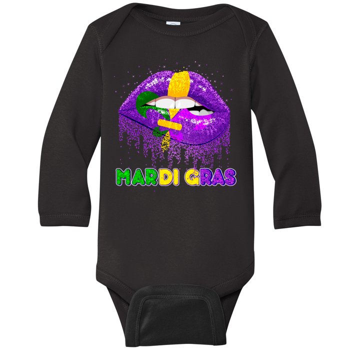 Mardi Gras Sparkle Lips Baby Long Sleeve Bodysuit