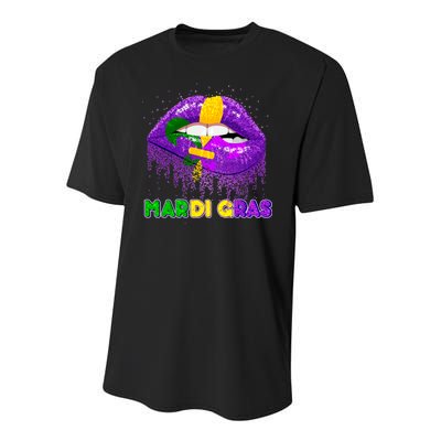 Mardi Gras Sparkle Lips Youth Performance Sprint T-Shirt