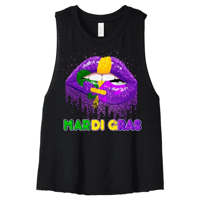 Mardi Gras Sparkle Lips Women's Racerback Cropped Tank