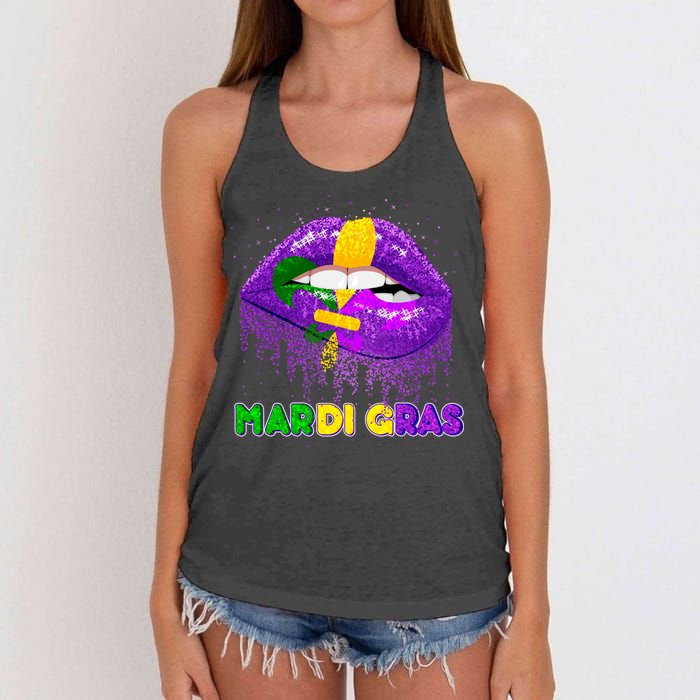 Mardi Gras Sparkle Lips Women's Knotted Racerback Tank