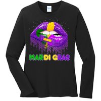 Mardi Gras Sparkle Lips Ladies Long Sleeve Shirt