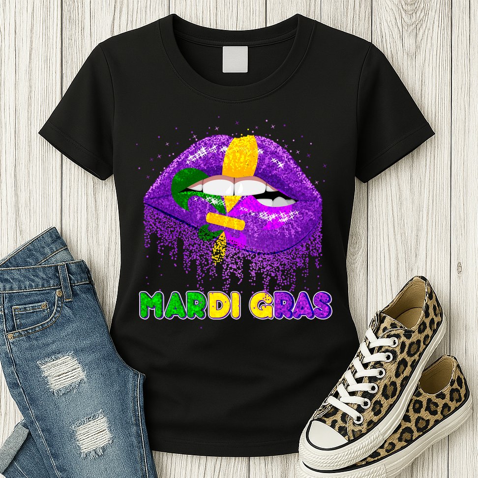 Mardi Gras Sparkle Lips Womens T-Shirt