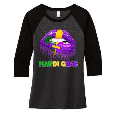 Mardi Gras Sparkle Lips Women's Tri-Blend 3/4-Sleeve Raglan Shirt