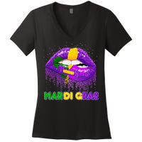 Mardi Gras Sparkle Lips Women's V-Neck T-Shirt