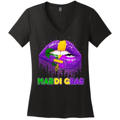 Mardi Gras Sparkle Lips Women's V-Neck T-Shirt