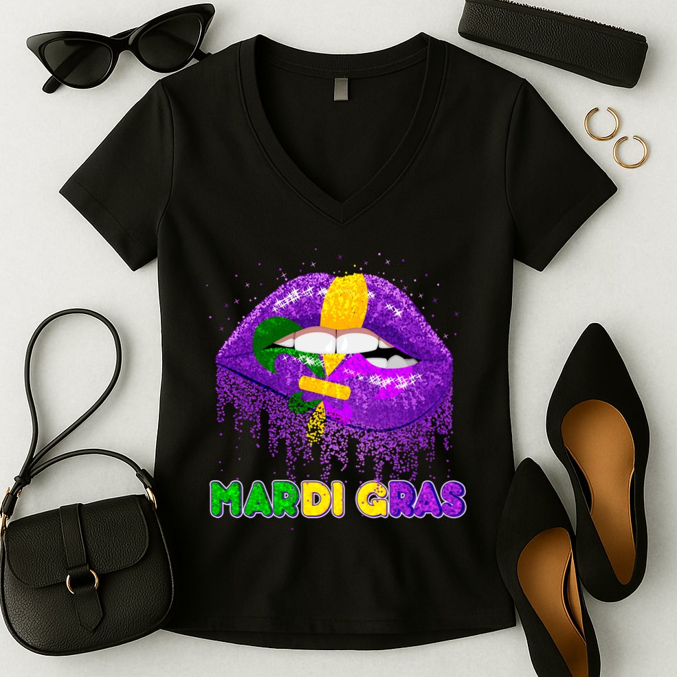 Mardi Gras Sparkle Lips Women's V-Neck T-Shirt