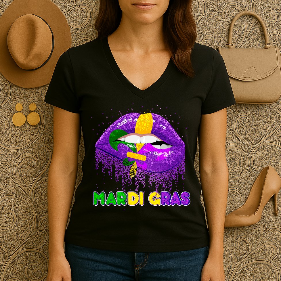 Mardi Gras Sparkle Lips Women's V-Neck T-Shirt