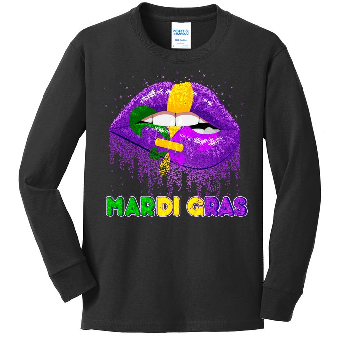 Mardi Gras Sparkle Lips Kids Long Sleeve Shirt