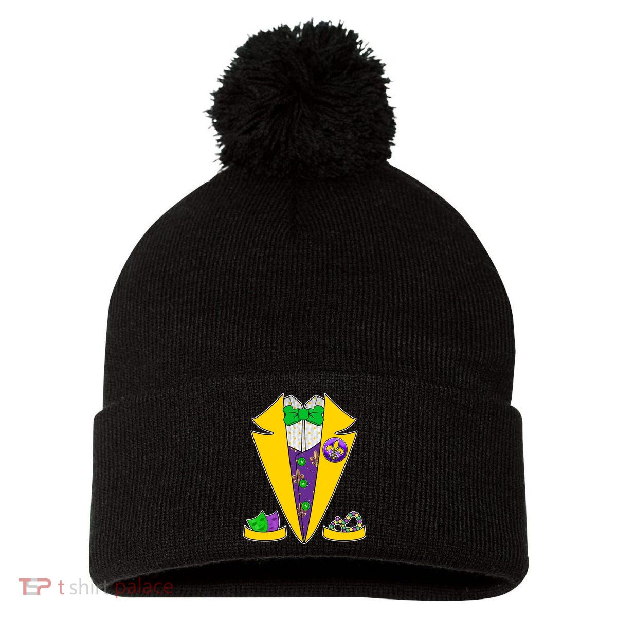 Mardi Gras Tuxedo Pom Pom 12in Knit Beanie