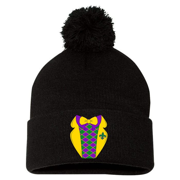 Mardi Gras Tuxedo Party Tux Pom Pom 12in Knit Beanie