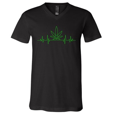 Marijuana Leaf Heartbeat V-Neck T-Shirt