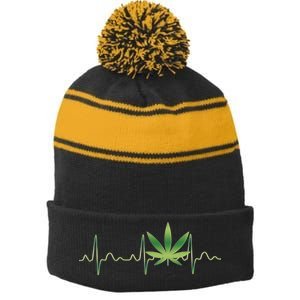 Marijuana Weed Leaf Heartbeat Pulse Stripe Pom Pom Beanie