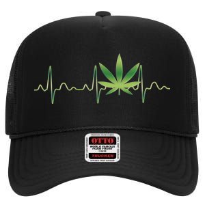 Marijuana Weed Leaf Heartbeat Pulse High Crown Mesh Back Trucker Hat