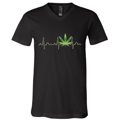 Marijuana Weed Leaf Heartbeat Pulse V-Neck T-Shirt