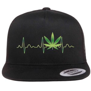 Marijuana Weed Leaf Heartbeat Pulse Flat Bill Trucker Hat