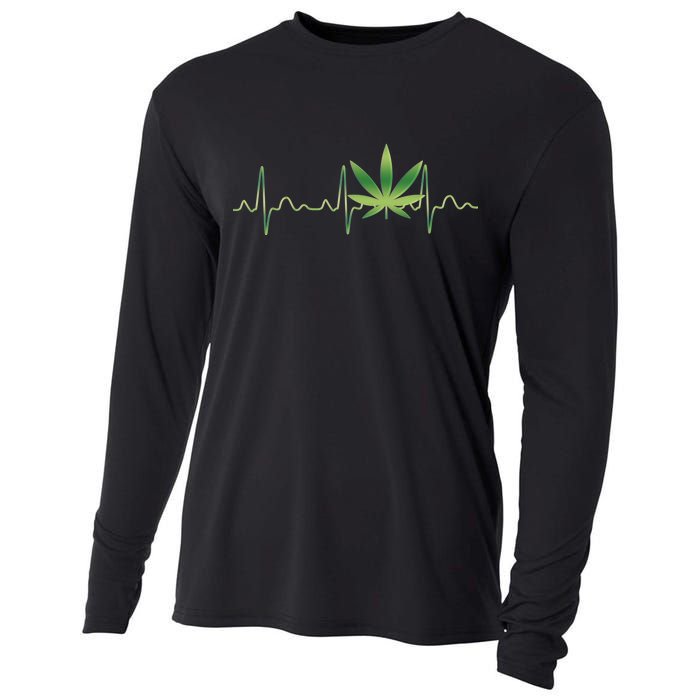 Marijuana Weed Leaf Heartbeat Pulse Cooling Performance Long Sleeve Crew