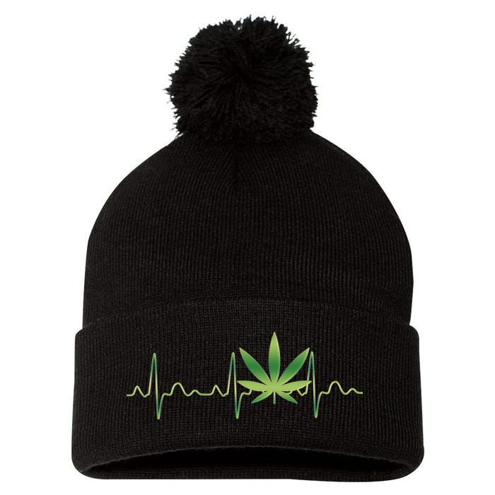 Marijuana Weed Leaf Heartbeat Pulse Pom Pom 12in Knit Beanie