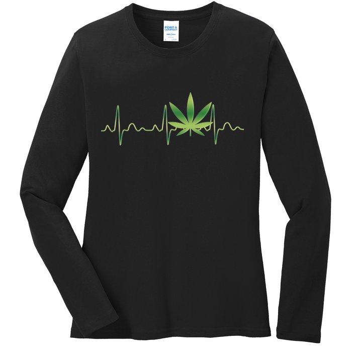 Marijuana Weed Leaf Heartbeat Pulse Ladies Long Sleeve Shirt