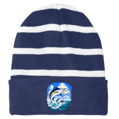 Marlin Fishing Striped Beanie with Solid Band