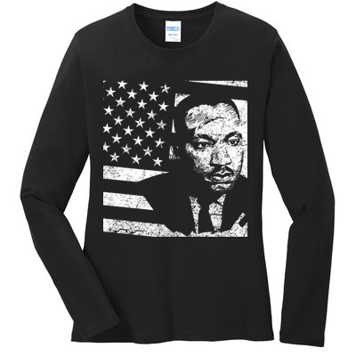 Martin Luther King Jr Distressed MLK Flag Ladies Long Sleeve Shirt